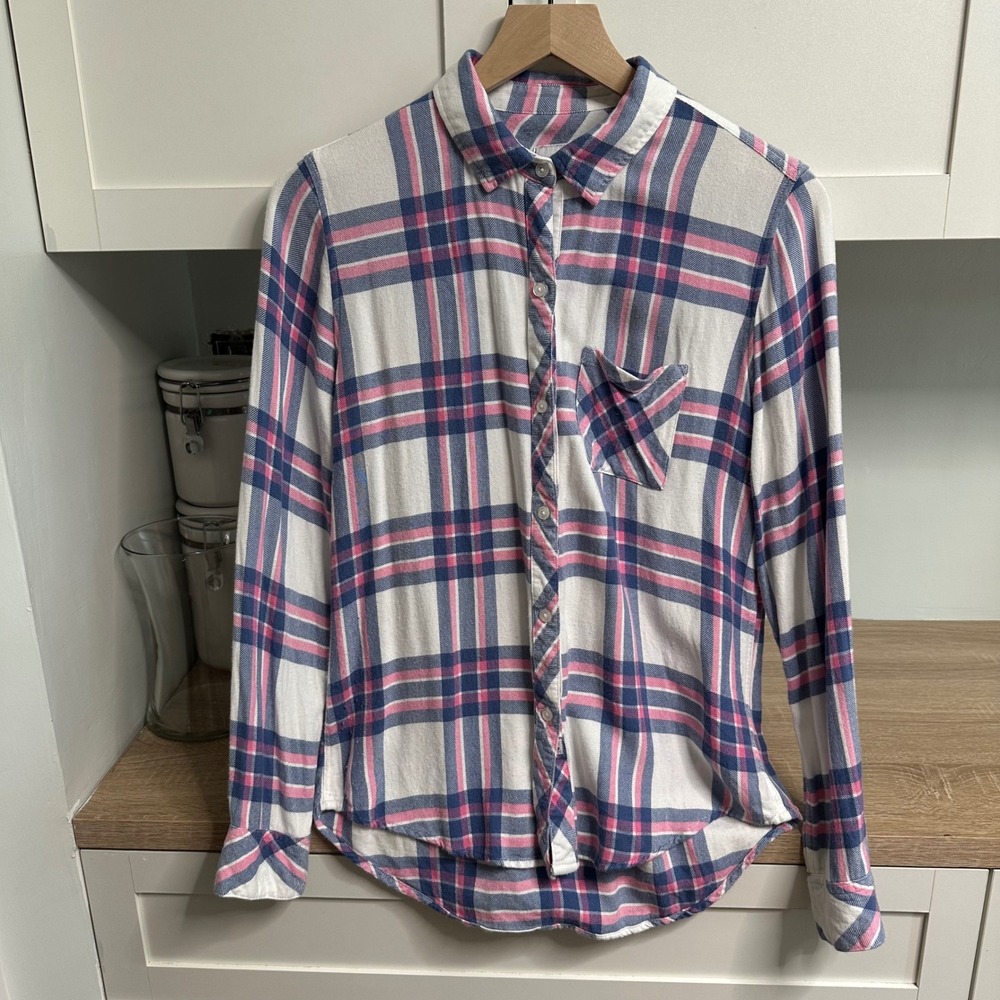 Rails Hunter Button‎ Down Shirt Womens S White Sky Pink Long Sleeve Plaid Rayon